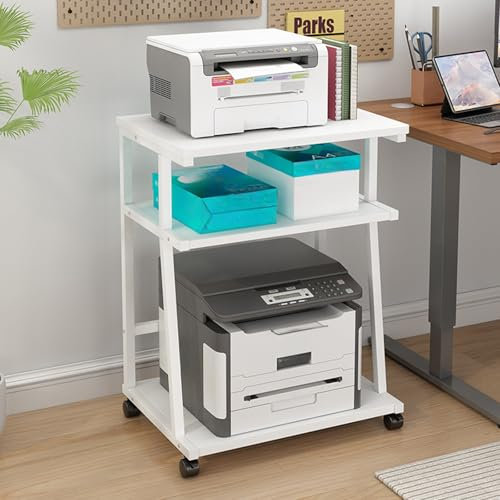 3-stufiger Druckerständer mit Rollen, 60 Cm Großer Mobiler Druckertisch mit Ablagewagen und Rollen für Die Organisation Im Homeoffice, Drucker Ständer für Transferpresse, Scanner, Faxgerät und Zubehör