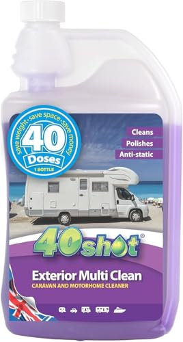 40 Shot Exterior Multi Clean – 1L Concentrate – 40 Doses – Cleans, Waxes & Repels Dirt – Removes Black Streaks, Algae & Grime – For Caravans, Motorhomes, Boats & Cars – Carnauba Wax & Water Softener