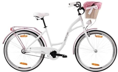 Goetze Style 26 Zoll Damen Citybike im Hollandrad-Look, 1-Gang | 17 Zoll Stahl-Tiefeinsteiger, Rücktrittbremse & V-Brake, LED-Beleuchtung, Schutbleche, Rattankorb, Gepäckträger & Ständer