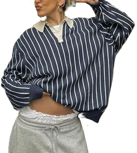 Women Striped Oversized Polo Shirt Long Sleeve Lapel Collar Pullover Sweater Color Block Rugby Sweatshirt