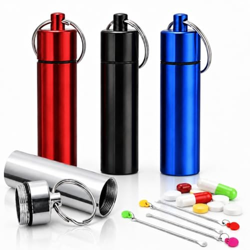 Snuff Kit with Keychain, 4 Waterproof Airtight Containers for Medicine Powder Food Spice, Portable Aluminum Vials with Mini Spoon for Outdoor Camping Travel Daily Supplements