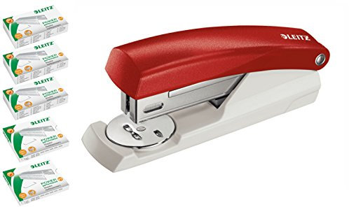 Leitz 550100 Büroheftgerät Klein NeXXt, 25 Blatt inclusive 5 Päckchen Heftklammen mit je 1.000 Stück (mit extra Heftklammern, rot)