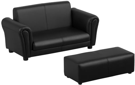 HOMCOM 2 Seater Toddler Chair Kids Twin Sofa w/ Footstool Boys Girls Black