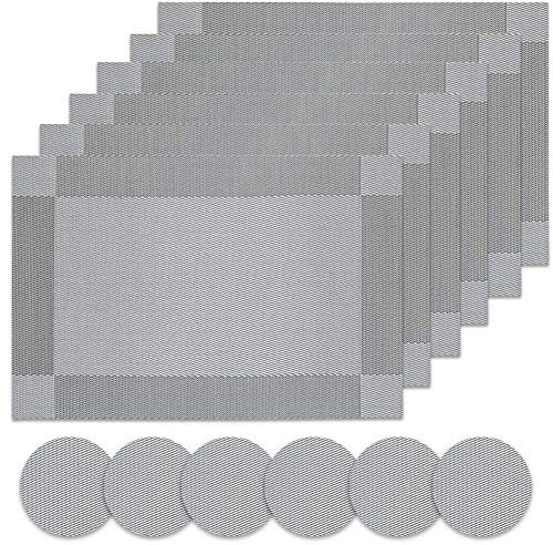Panngu Place Mats, Simple Table Place Mats and Coasters Sets of 6 - Premium Heat Resistant Washable Tableware Square Dining Table Mats (18X12 Silver grey)