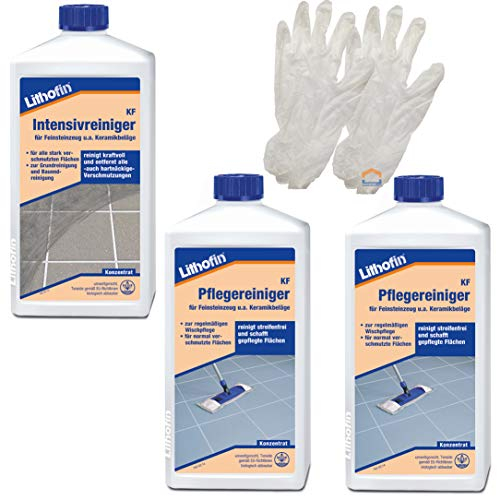 HAUSWERK.shop Lithofin KF Pflegereiniger 2 x 1 Liter/KF Intensivreiniger 1 Liter + Einweghandschuhe