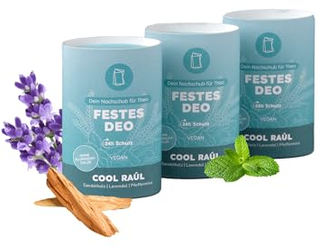 Duschbrocken Festes Deo Nachfüllset Klein- 3x Cool Raúl Deodorant - Herb-Frischer Duft - 24h Schutz ohne Aluminium - Vegan & Plastikfrei - 150g