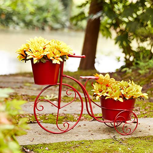 Glitzhome Hand Painted Metal Tricycle Plant Stand Standing Planter Flower Holder Indoor Outdoor Home Garden Patio Decor Red,21.5 L