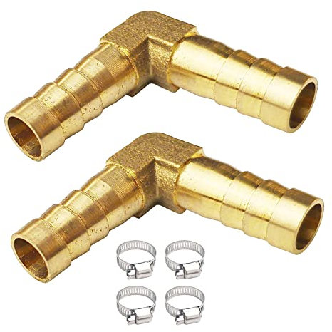 JENSWILL 2PCs 3/8'' Brass Hose Barb Fitting 90 Degree Elbow Barbed Splicer Mender Tube Connector Union Fitting with 4PCs Hose Clamp for Oil Water Air
