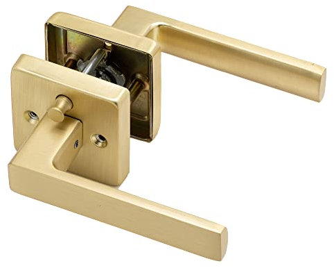 Linkaa Privacy Door Lever Gold Stain Brass Square Shape Door Handles Lever with Lock, Keyless Door Lock, Privacy Function Exterior/Interior Door Handles
