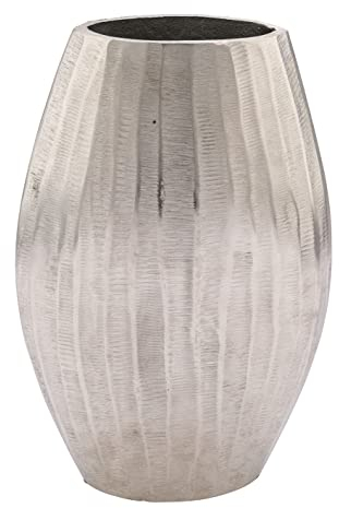 Design Aluminium Blumenvase Silber - oval / 33 cm - Große Tischvase aus Metall mit 3D Rillenmuster - Deko Blumen Tisch Alu Vase Rillen modern groß