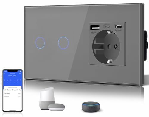 BSEED Presa Schuko standard con interruttore della luce, pannello in vetro Smart Alexa Touch Switch con presa 3 in 1 con potenza di ricarica USB 2.1 A + adattatore di tipo C stazione di ricarica 2
