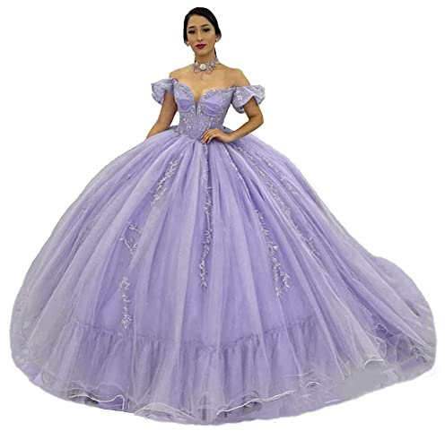 TSxuelian Vestido de quinceañera con hombros descubiertos para mujer, con apliques de encaje y cuentas, Lila, 36