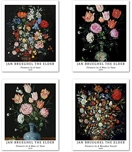 Kunstdruck Ungerahmt Klassische Blume Bilder Set von 4, Poster Größe: 20x25 cm Premium Kunstpapier Wanddeko Stilvolles Retro Pflanzen Botanische Passenden Home Deko Jan Brueghel The Elder Painting