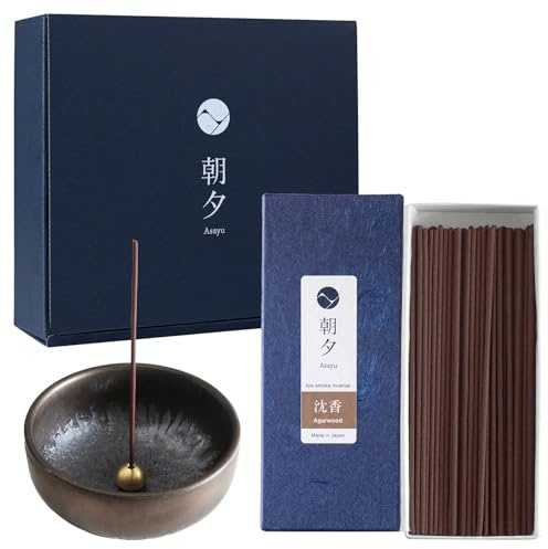 Asayu Japan Set Regalo Bastoncini di Incenso a Basso Fumo e Portaincenso in Ceramica con Supporto in Ottone - Bastoncini di Incenso al Legno di Agar + Portaincenso Zen Tradizionale Gift Set