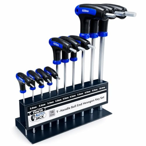 Autojack 10 Piece Hex Key Set T-Handle S2 Metric Extra Long 2mm - 10mm | 10 piece T-handle metric hex key set with durable CR-V steel blades, soft grip handles and wall mountable storage rack.
