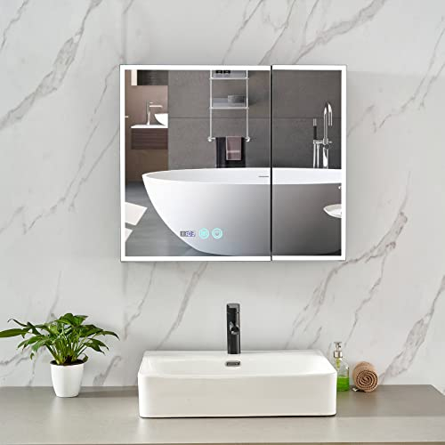 Plumbsys Armoire de Salle de Bain en Aluminium avec éclairage LED avec Miroir, Montage Mural, réglage de la luminosité, désembuage, Noir, Heure et température digitales 75x65cm