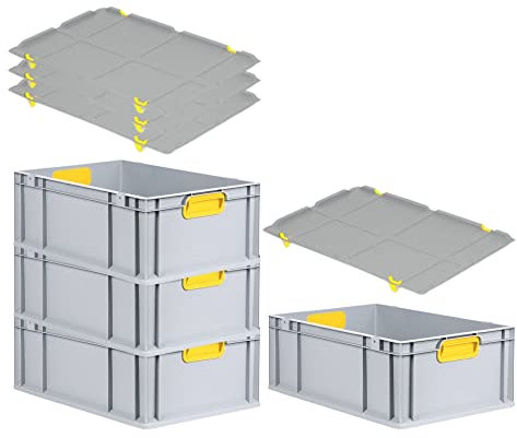 PROREGAL SuperSparSet 4x Eurobox NextGen Color mit Auflagedeckel & Schiebeschnappverschlüsse, HxBxT 22x40x60cm, 44L, Griffe gelb geschlossen, Verstärkter Boden, Eurobehälter Transportbox