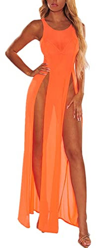 Women Summer Beach Bikini Cover Up, Mesh Swimwear Skirt Tops, Sheer Swimsuit Scoop Neck Tank Maxi Dress Chiffon Beachwear Coverup See Through Blouse Loungewear for Ladies Bodycon Clubwear Sundress