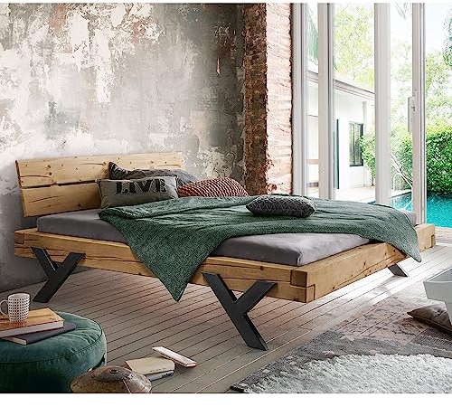 Lomadox Doppelbett Ehebett Bett Echtholz Massivholz, 160x200 cm, Fichte massiv, Holzkopfteil, Schwarze Beine in Y-Form, B/H/T ca. 178/88/228 cm