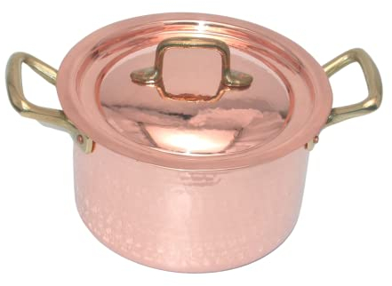 CREARTISTIC 100% Made in Italy – Kupfer Kochtopf mit Deckel - 18 x 10,5 cm – 1,2L - Topf aus verzinntem Kupfer - Topf für Ragu und andere Soßen - mit 2 Handschellen aus Messing – handgemacht