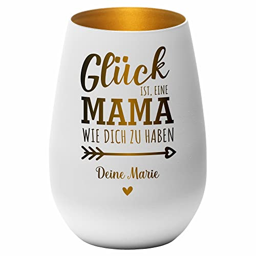 4you Design Windlicht Personalisiert mit Namen Glück ist eine Mama..(Metall-Weiß-Gold), Teelichthalter als Geschenk für die Beste Mutter, Mütter Geburtstagsgeschenk