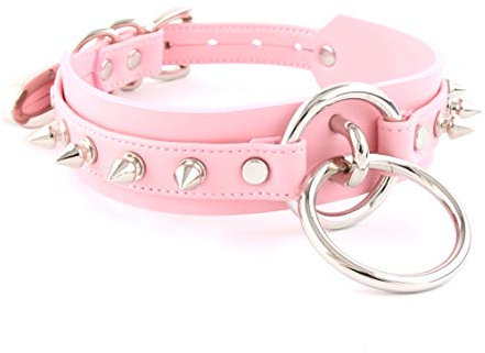 lalatia Colliers Ras du Cou en Cuir Artificiel avec Anneau Métal O Ring pour Femme (Rose, Argent, Rivets)
