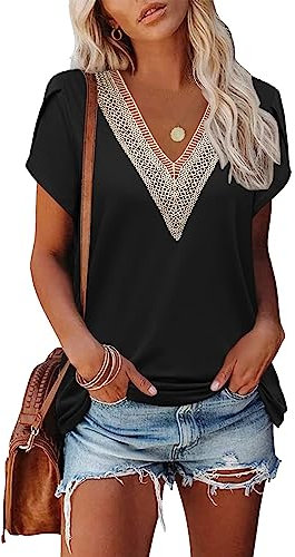 Famulily Black T Shirts for Women V Neck Tops, Petal Sleeve Ladies Casual Summer Going Out Top, Relaxed Fit (L, Black)