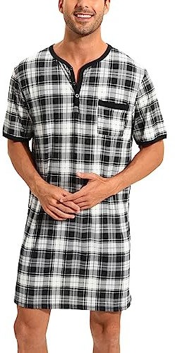 Chemise de Nuit Homme Pyjama Manches Courtes Hauts de Pyjama Homme Tee-Shirt Long Col V avec Boutons Vêtements d'Intérieur T-Shirt Grande Taille Douce Confortable Carreaux Noir Blanc*Courte-A M