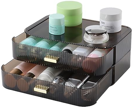 OSteed Makeup Organiser Black, Dressing Table Organiser Storage Box with 2 Stackable Drawers, Makeup Brush & Skincare Cosmetic Storage for Vanity Dresser & Bathroom