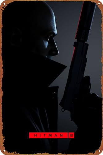 ZTLLFV Hitman 3 Lustiges Metall-Blechschild, Vintage, schwarz, Wandkunst, Dekoration, Wohnzimmer, Badezimmer, Küche, Poster, Dekoration, 20,3 x 30,5 cm