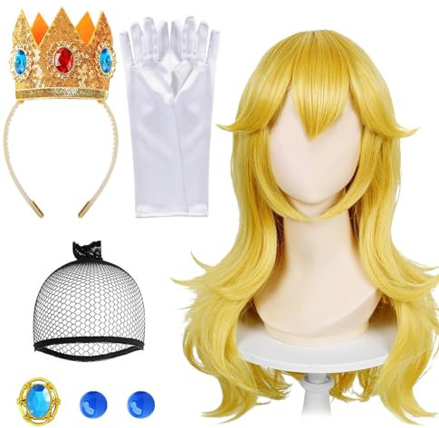 LETTERASHQP 5 Stück Prinzessin Peach Perücke Zubehör mit Prinzessin Peach Krone Prinzessin Peach Rapunzel Perücke Prinzessin Peach Kostüm Zubehör Set für Karneval Party Cosplay Halloween
