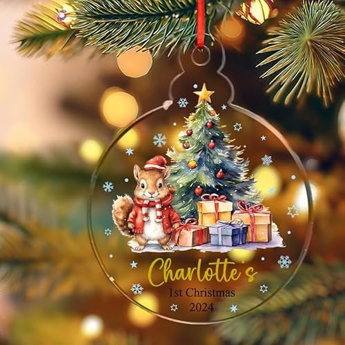 Personalised Christmas Bauble Baby’s First Xmas Tree Decoration Acrylic Hanging Ornaments Gift - Made in UK (Squirrel Design)