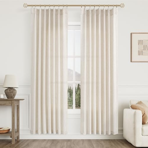 Aersas Natürliche Plissee-Vorhänge, 203 cm, halbtransparent, Leinen-Mischgewebe, lichtfilternd, Fenstervorhänge, 203 cm lang, für Wohnzimmer, Schlafzimmer, Boho, cremefarben, Haferbeige mit Haken, 2