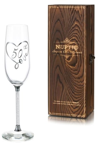 NUPTIO Champagne Flutes 50th Birthday: Prosecco Glasses Silver Crystal Engraved Flute Glass with Wooden Box Personalised Gift Idea Present for Mum Friend 7.04oz
