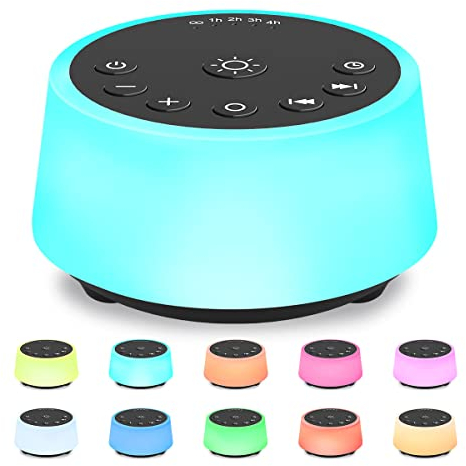 Color Noise Sound-Maschinen mit 25 beruhigende Geräusche, Schlaf-weißes Rauschgerät 32 Lautstärkestufen 10 Farben, Nachtlicht, 5 Timer einstellbare Helligkeit Memory-Funktion (Schwarz mit Licht)