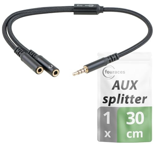 fouraces AUX y Splitter - 4 pôles, Câble adaptateur très court - 30 cm - 3,5 mm - 2 connecteurs casque pour PC - jack splitter, répartiteur audio, double cable