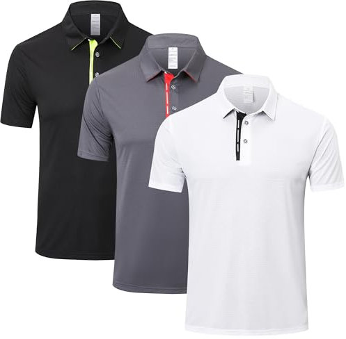 ZENGVEE 3 Pack Men's Polo Shirts Short Sleeve Quick Dry Breathable Golf Polo Shirt for Men Adult UK Outdoor Sport Casual Work Golf Tennis Tops Classic Polo Collared T-Shirts(0509-Black Grey White-2XL)