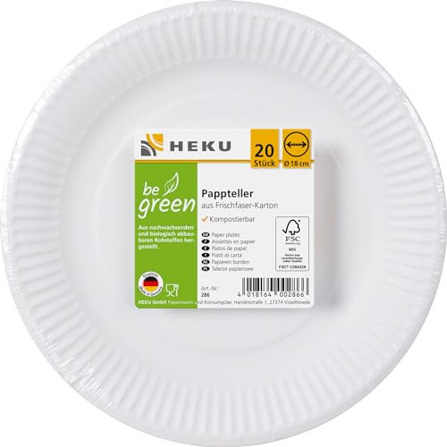 Heku - 20 assiettes en carton, blanches, Ø 18 cm, compostables