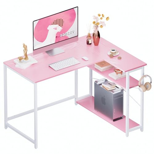PAMRAY Bureau d'angle en L 109cm avec étagères réversibles, Table de Travail PC Gaming et étude pour Chambre, Rose