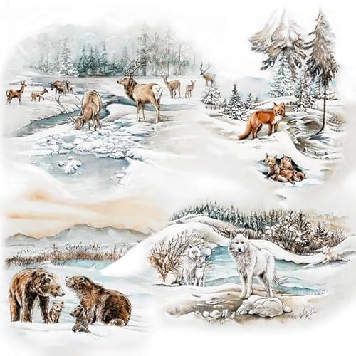 20 Servietten Winter Wintertiere mit Familie als Tischdeko. Papierservietten mit Motiv für Weihnachten Fuchs Wolf Hirsch Bär. Auch für Decoupage und Serviettentechnik 33x33cm
