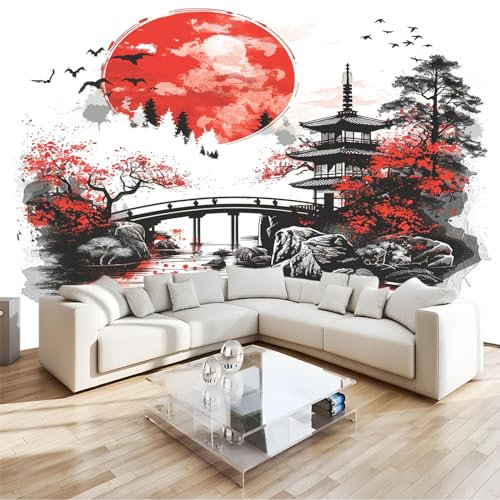 Papier Peint 3D Panoramique Lever de Soleil Loft de Style Japonais Intissé Murale Tapisserie Multicolore pour Salon Chambre Restaurant Couloir TV Fond Décor Mural 350x256cm