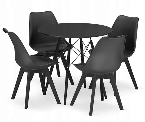 NMK HOME Essgruppe Esstisch Rund Ф 80 cm mit 4 Schwarze Stühlen - Esszimmerstühle 4er Set mit einem Kissen aus Kunstleder und Buchenholzbeinen