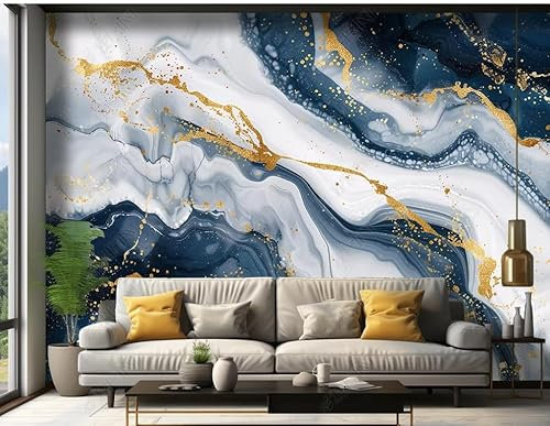 Papier Peint Panoramique Marbre Bleu Doré Papier Peint Intissé 3D Tapisserie Poster Decoration Murale Chambre Salon 300X210 Cm