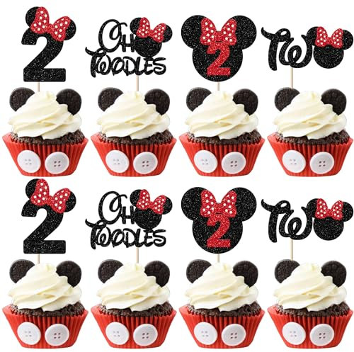 Xsstarmi 24 Pack 2nd Birthday Mouse Inspired Cupcake Toppers, Red Bow Two Oldes Mini Cupcake Picks for Baby Shower Party Cake Decorations