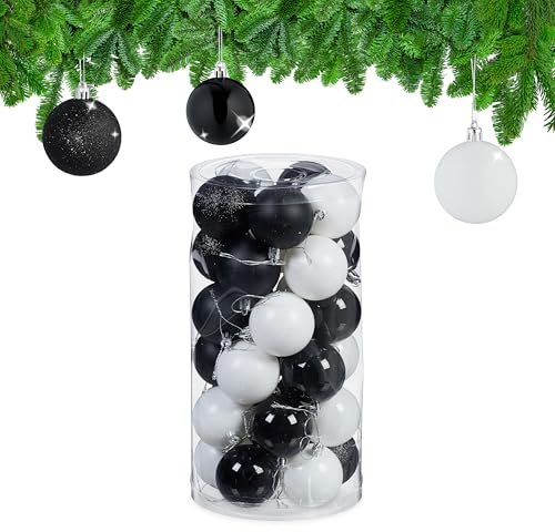 Relaxdays 30x Christmas Bauble Glittery, Matt & Shiny Ornaments, Plastic Xmas Tree Balls, HxD: 7 x 6 cm, Black/White