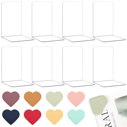 OT-NVWOZR 8 Stück Klarer Buchständer aus Acryl, Transparente Buchstützen mit 8 Leder Lesezeichen, Buchstütze mit rutschfeste Matte Dekoration für Schule Büro Bibliothek 12 x10x10cm