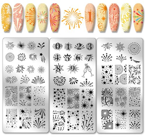 PH PandaHall 3pcs Fireworks Nail Stamping Plates, Celebration Fireworks Nail Stamper Holiday Nail Art Stencils Print Nail Stencils Stainless Steel Nail Image Plate for Nail Art Design Manicure Salon