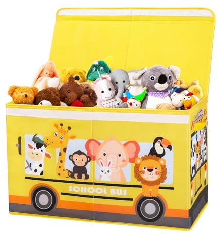 Decalsweet Kids Large Toy Storage Box with Lid,Foldable Oxford Toy Storage Organizer Box for Boys Girls-65×30×40cm-Toy Chest with Handles for Bedroom Nursery,Animal Bus
