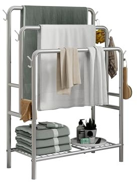VERFARM Porte-serviettes autonome à 3 niveaux en métal avec étagère de rangement, 6 crochets, support de couverture pour accessoires de salle de bain, rangement pour serviettes de bain et