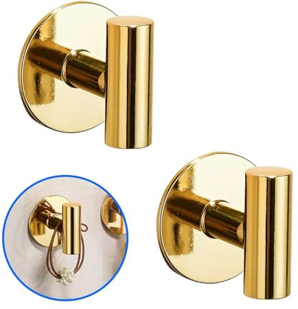2 Pcs Bathroom Towel Hook, Gold Coat Hook Heavy Duty Stainless Steel Brass Hook Door Hanger Bathroom Hooks No-Drill Self Adhesive Bathroom Accessories for Towels Home Kitchen Hotel Office(Brass Gold)